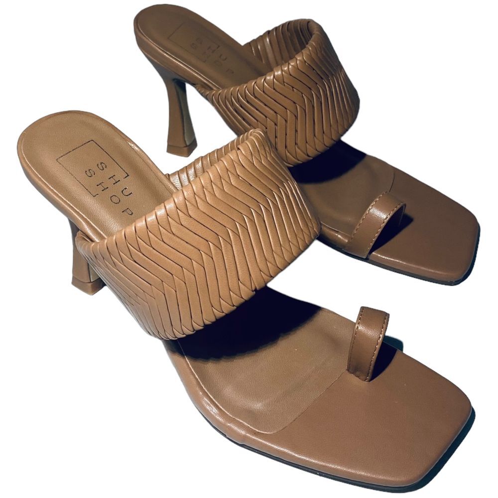 Shu Shop Women's Size 6 Fatima Braided Heel Sandals Tan‎ Beige Woven Toe Loops